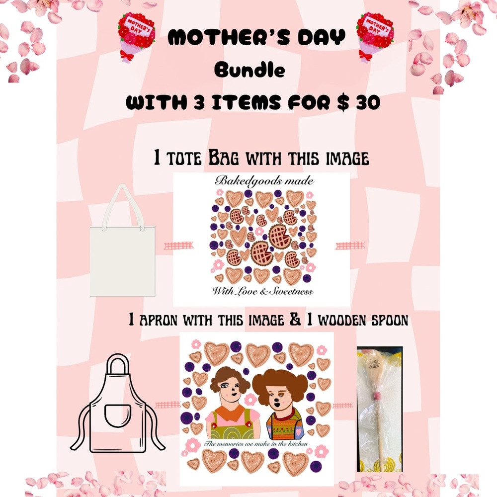 Mother's Day Bundle with Tote Bag, Apron, plus a Wooden spoon. Original artwork